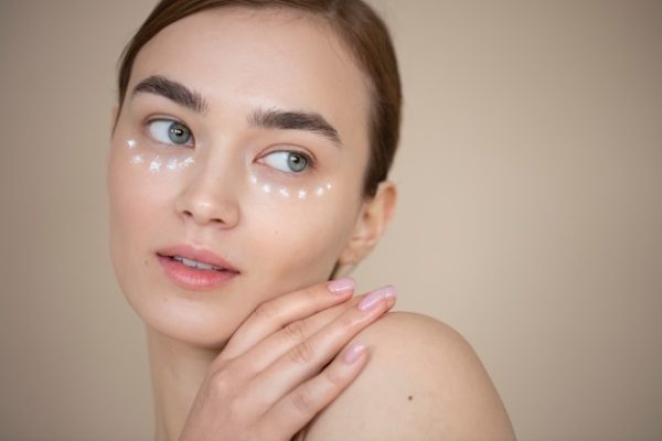 Free photo portrait of beautiful woman with clear skin using under eye cream